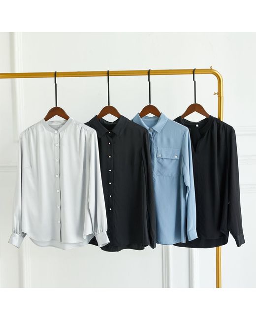 Soft Strokes Silk Gray Pure Silk Long Sleeve Banded Collar Blouse