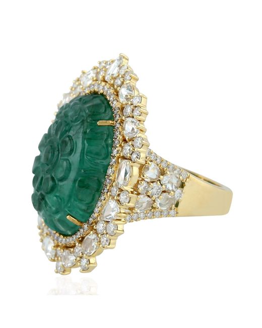 Artisan Multicolor 18k Yellow Gold Carving Emerald Pave Diamond Cocktail Ring Handmade Jewelry
