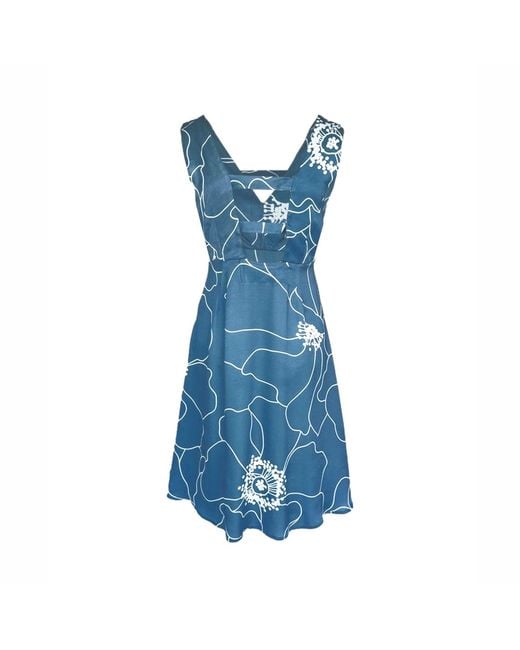 Haris Cotton Blue Neck Satin Sleeveless Dress With Back Horizontal Straps Peonies