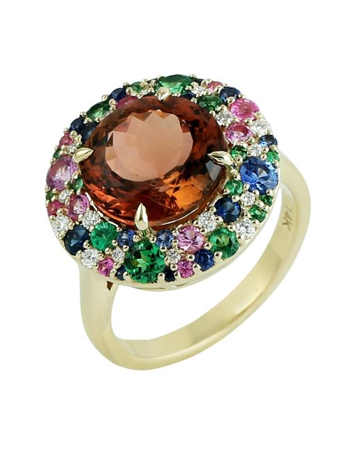 Artisan Green Tourmaline, Sapphire, Tsavorite & Diamond Halo Statement Ring