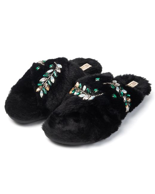 Rettrose Black Thea Luxury Plush Diamanté Embellished Handmade Slipper