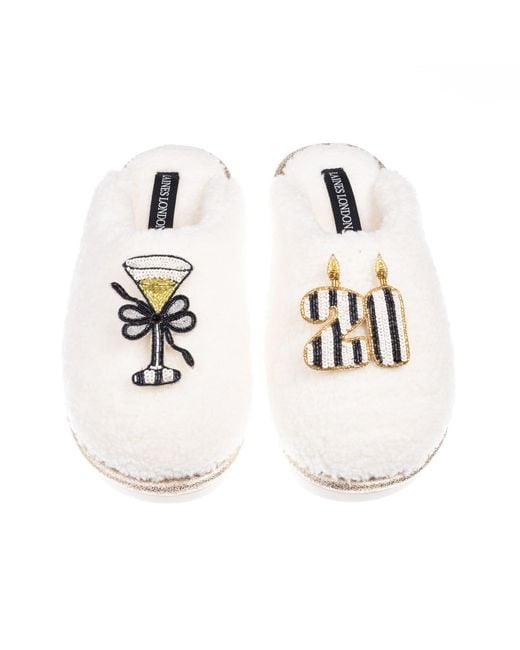 Laines London White Teddy Closed Toe Slippers With Stripe 21St Birthday & Champagne Glass Brooches