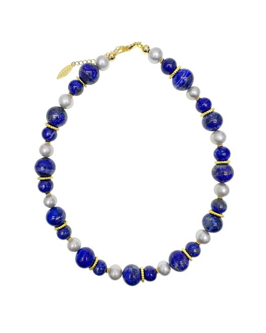 Farra Blue Stunning Lapis With Grey Freshwater Pearls Chunky Necklace