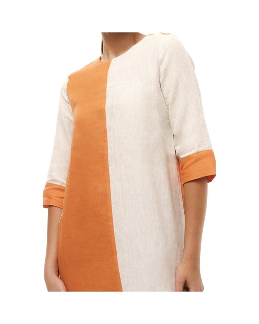 Haris Cotton Orange A Line Color Block Linen Dress With Split Hem