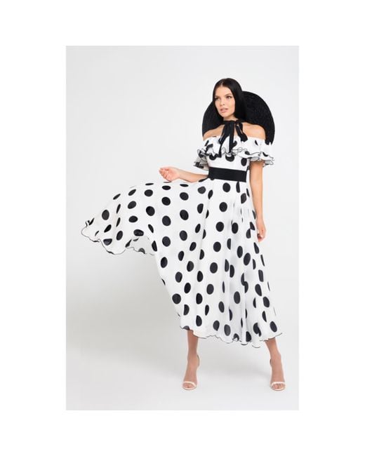 MATSOUR'I White 100% Silk Dress Scarlett Polka-Dots Midi
