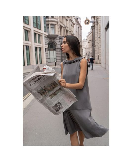 Femponiq Gray Roll Collar Dress With Cutaway Neck