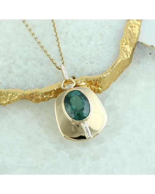 Artisan Metallic 18k Gold With Oval Tourmaline & Baguette Diamond Pendant