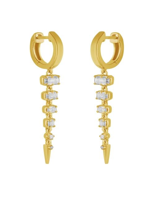 Artisan Metallic 14K Baguette Diamond Drop Huggie Hoop Earrings