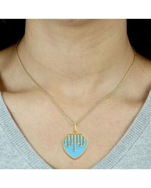 Artisan Blue 14k Diamond Star Shield Elegant Pendant Enamel
