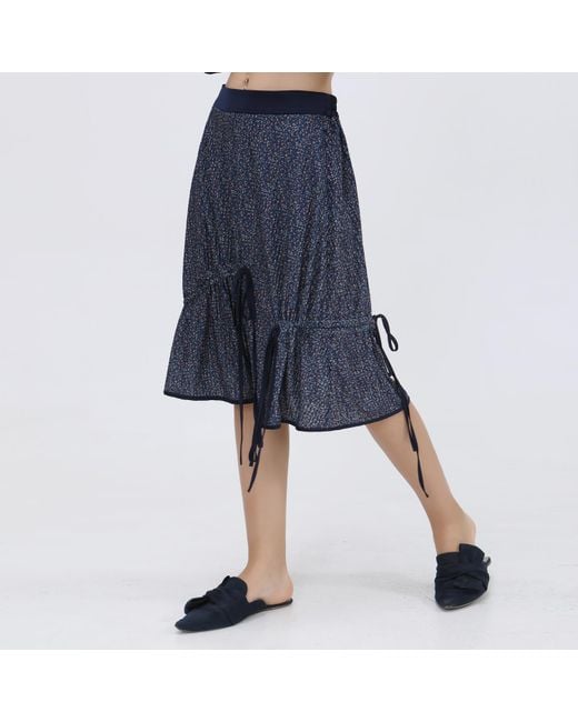 Smart and Joy Blue Trapeze Velvet Skirt With Liberty Print And Satin Bias