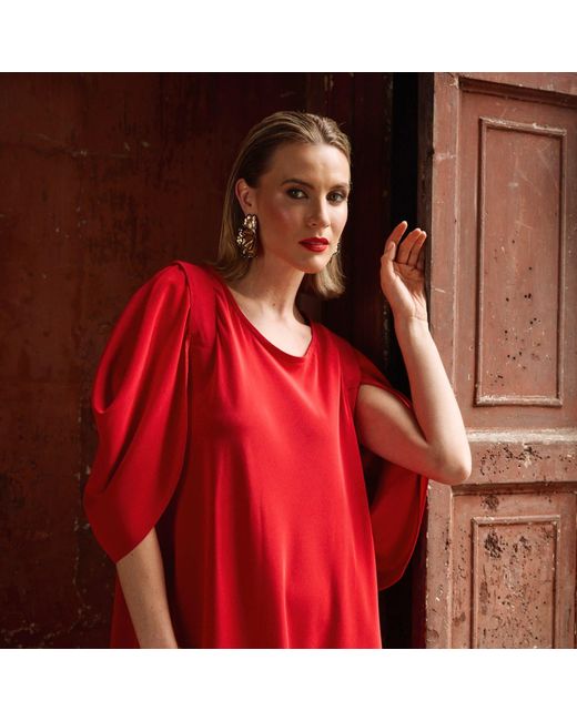 Monessa Joan Red Draped Dress With Detachable Sleeves