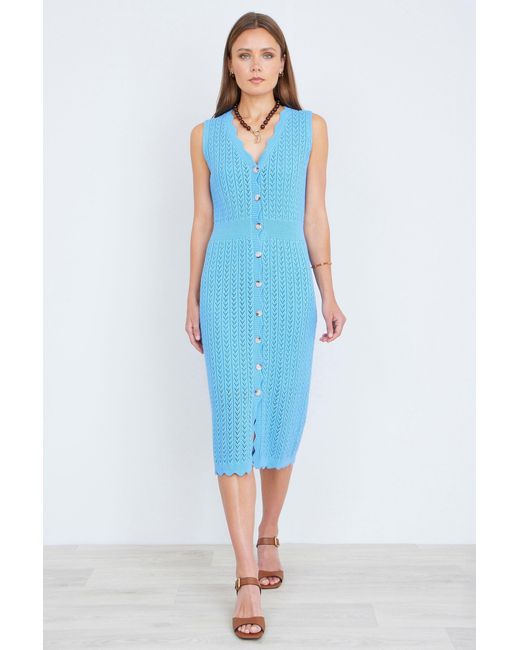Yumi' Blue Scallop Edge Crochet Knitted Midi Dress