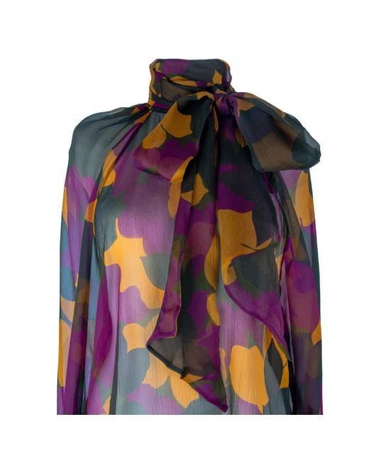 Rua & Rua Multicolor Sheer Silk Shirt Blouse With Bow Collar Multicolour