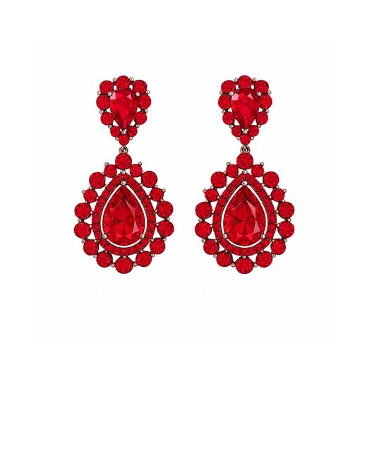 Maison De Gala Red Ruby Pear Halo Drop Earrings