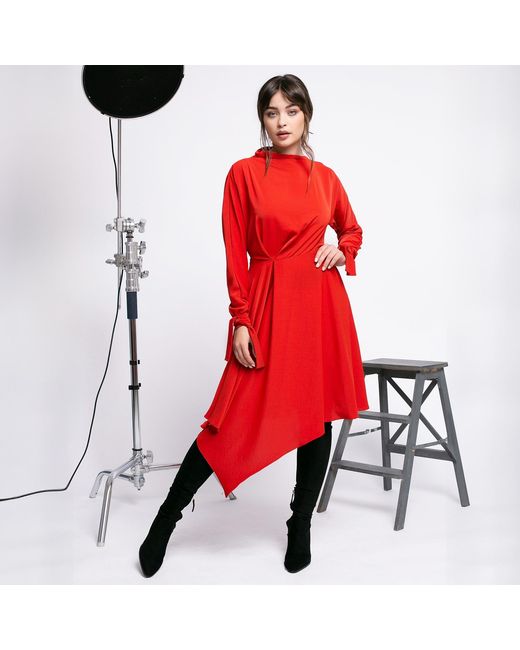 Larisa Dragna Red Poppy Pleated Asymmetric Dress