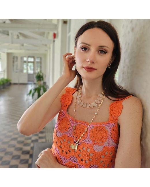 Farra Natural Rose Quartz With Flower Chain Statement Necklace