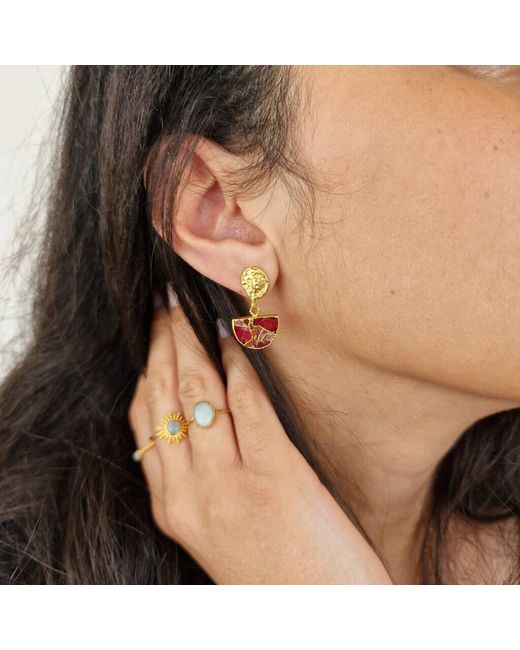 Harfi Metallic Hammered Ruby July Birthstone Plated Earrings