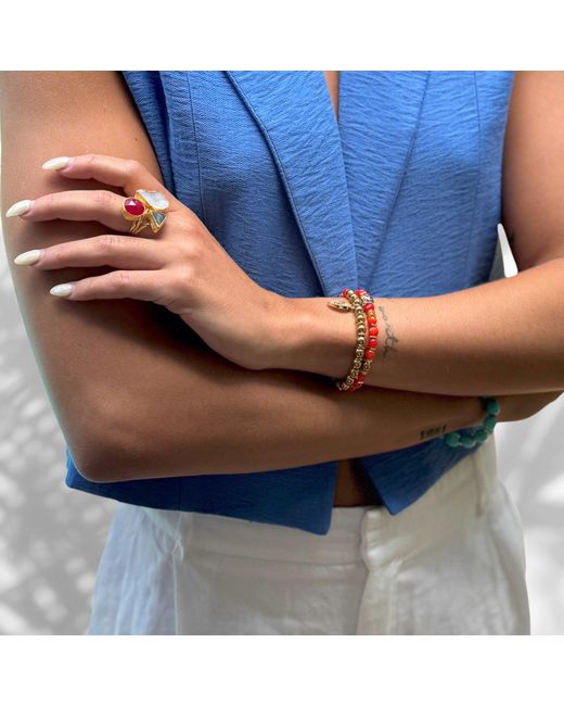 Ebru Jewelry Brown Carnelian Stone Beaded Ra & Elephant Charm Bracelet Set