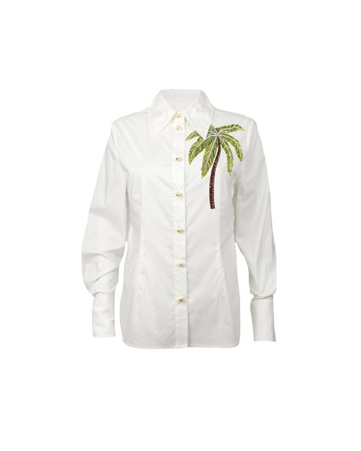 House of Laines London White Laines Couture Tie Shirt With Embellished Palm Tree