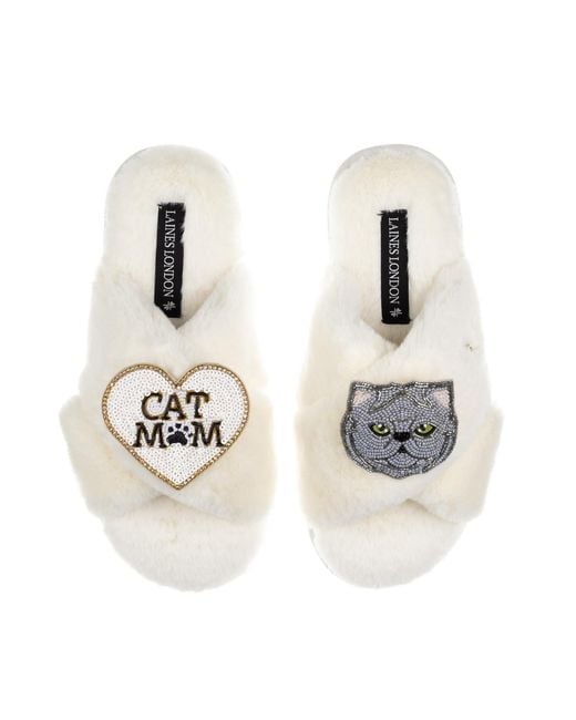 Laines London White Neutrals Classic Laines Slippers With Cat Mum/Mom & Persian Cat Brooches