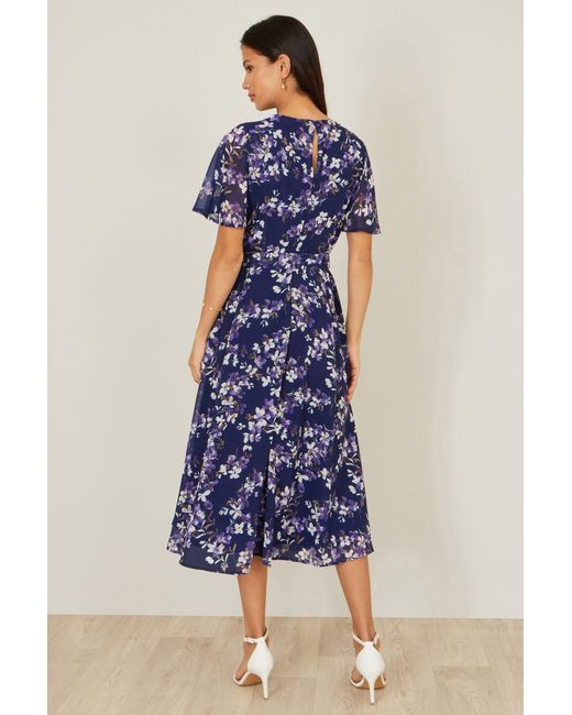 Yumi' Blue Blossom Print Midi Skater Dress With Angel Sleeves