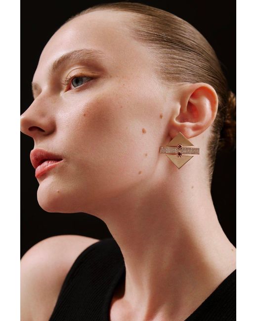 Dime Tribe Pink Earrings With Geometric Detail, Diamonds And Ruby Stones