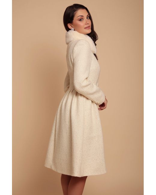 Santinni Natural Starlet Wool Tweed Dress Coat With Faux Fur