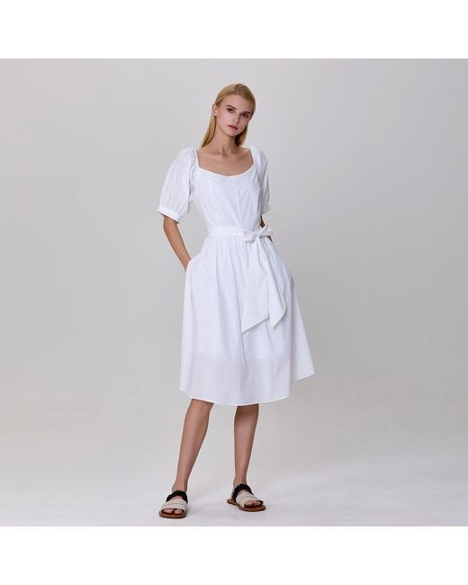 Smart and Joy White Puffy Sleeves Fit-And-Flare Blouse-Dress