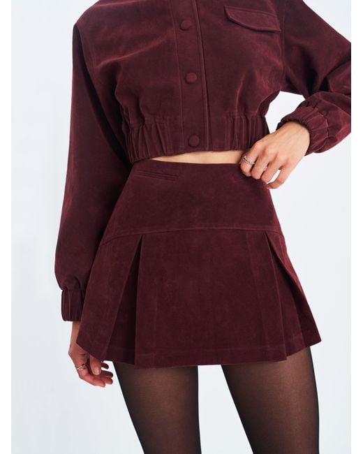 Miss Circle New York Purple Faryn Mahogany Vegan Suede Pleated A-Line Mini Skirt