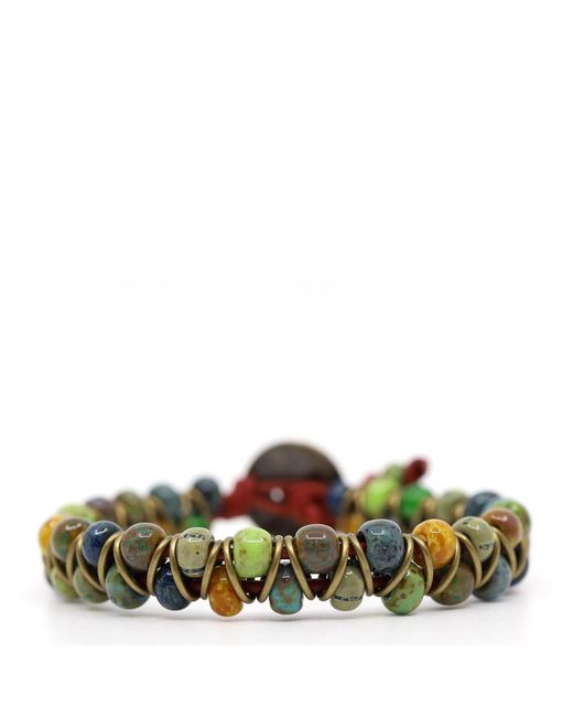 Shar Oke Blue, Green & Turquoise Picasso Czech Beads & Red Leather Beaded Bracelet for men