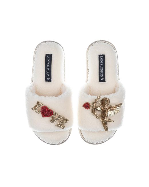 Laines London Metallic Teddy Toweling Slipper Sliders With Cupid & Love Brooches