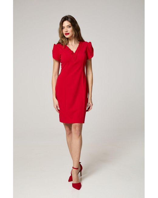 K-Win London Red Elegant Ruffle V-Neck Dress
