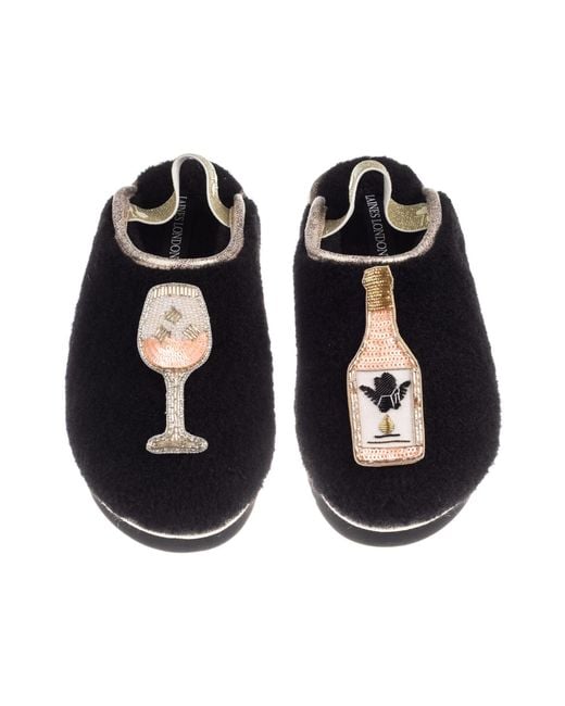 Laines London Black Flatform Cloud Closed Toe Slippers With Angelic Rose Wine Brooches