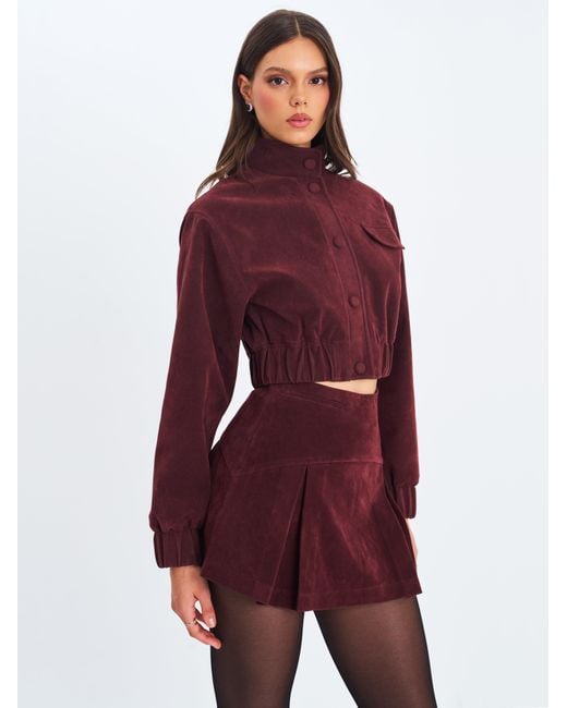 Miss Circle New York Purple Faryn Mahogany Vegan Suede Pleated A-Line Mini Skirt