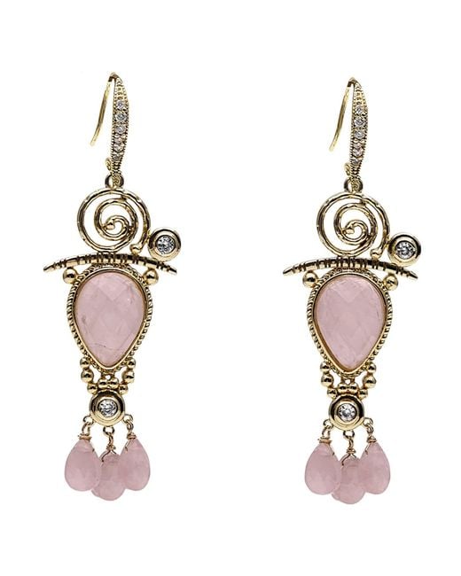 Farra Metallic Bohemian Rose Quartz Chandelier Earrings