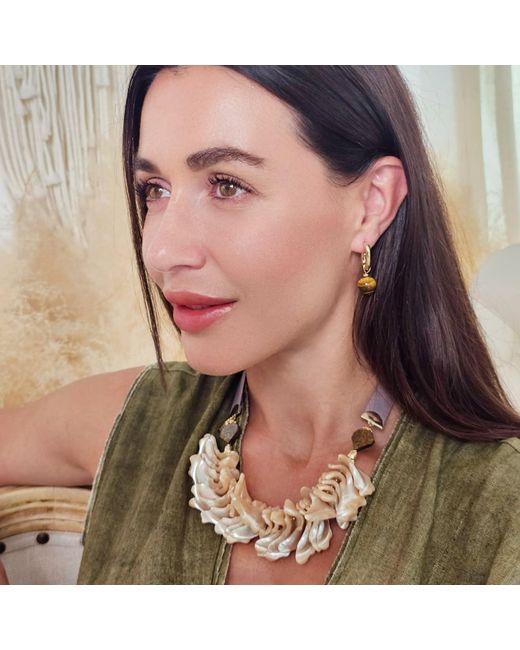 Farra Metallic Giant Shell Pendant With Silk Ribbon Statement Necklace