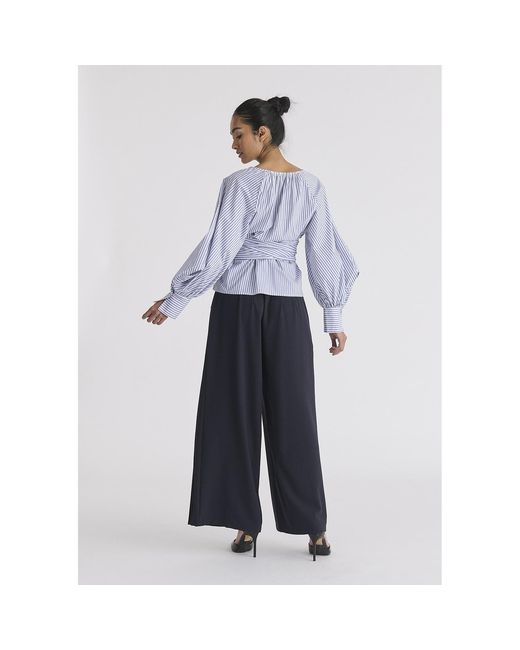Paisie Blue Striped Volume Sleeve Blouse With Matching Belt