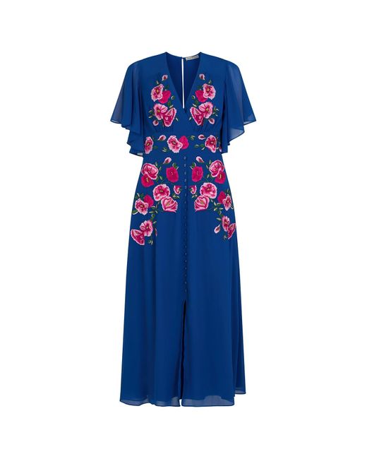 Hope & Ivy Blue The Monica Embroidered Flutter Sleeve Front Button Midi Dress