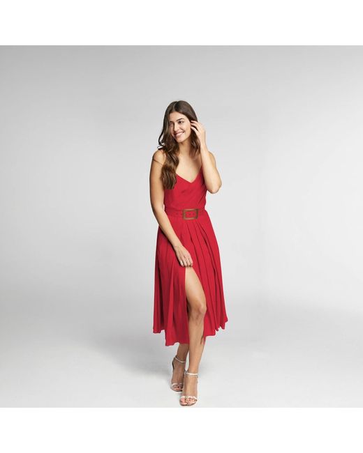 ALINA CERNĂTESCU Red Simba Linen Draped Cocktail Midi Dress With Front Slit And Pockets