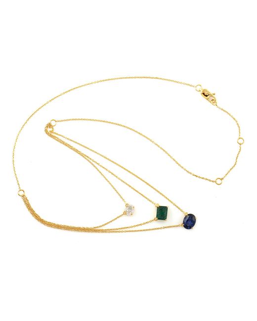 Artisan Metallic 18k Gold Natural Diamond & Blue Sapphire With Emerald 3 Stone Choker Necklace