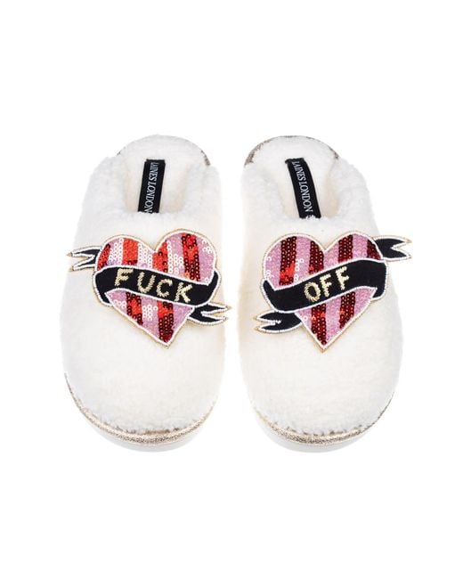 Laines London Red Neutrals Teddy Closed Toe Slippers With & Stripe Fuck Off Brooches