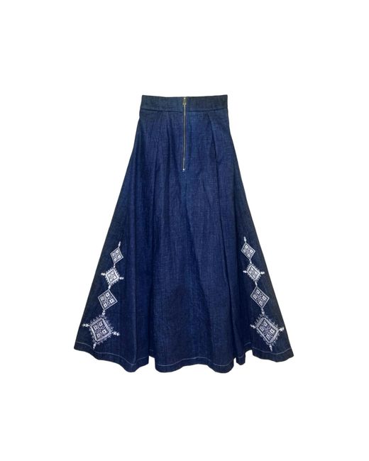 L2R THE LABEL Blue Dark Embellished Emberloom Denim Maxi Skirt