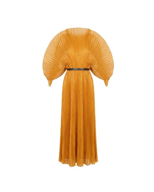 Cy Boutique Orange Pleated Long Dress With Organza Pleated Cape Sleeves