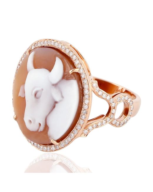 Artisan Brown Handmade Rose Gold Cow Shape Shell Cameo Diamond Cocktail Ring Jewelry