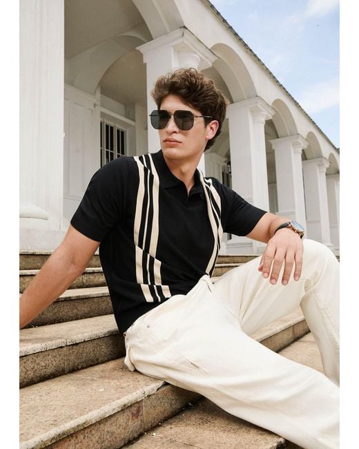 Vayla Black Relaxed Fit & Cream Open Collar Smart Top for men