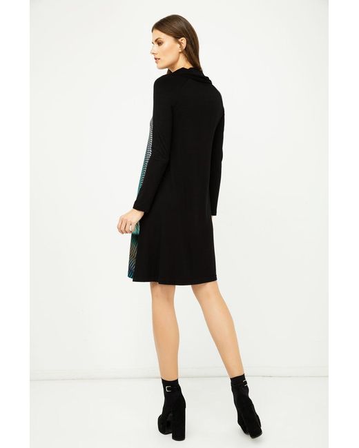 Conquista Blue A Line Print Dress With Turtle Neck