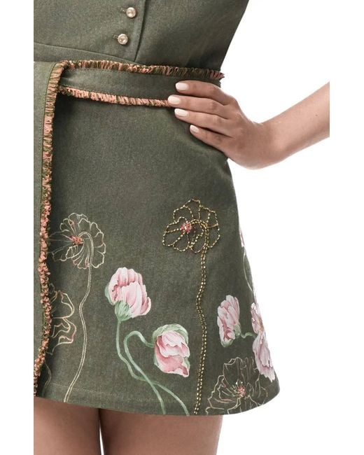 Rondooz Green Hand Painted Denim Mini Dress With Hand Applied Embellishment