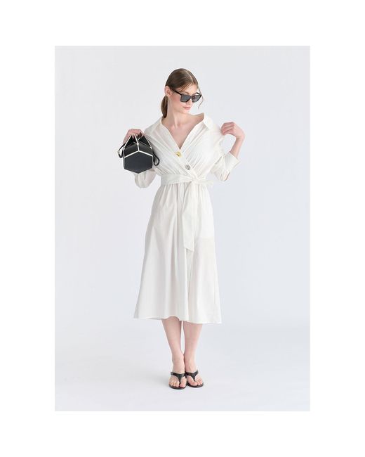 Paisie White Wrap Midi Shirt Dress With Metallic Button Details