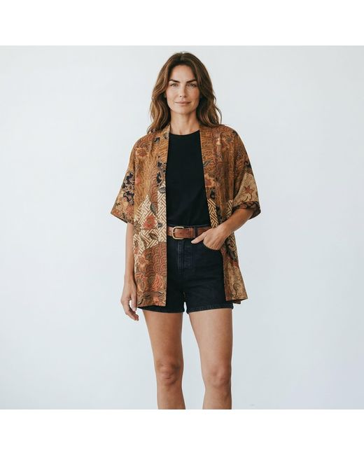 ORIGIN OF HEARTS Brown Tarua Resort Satin Kimono Shirt
