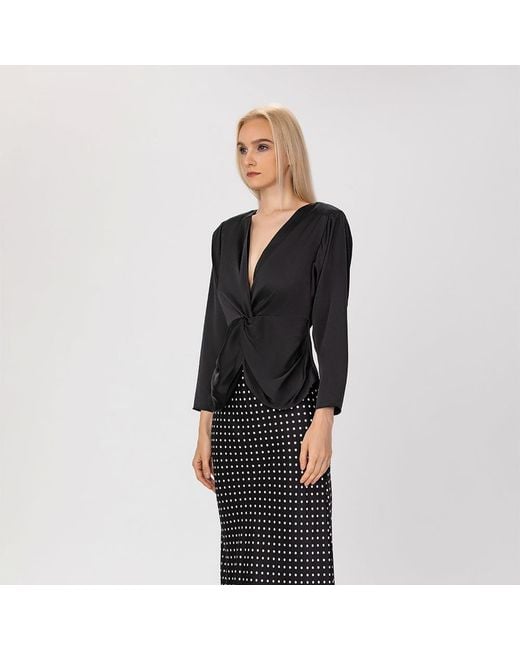 Smart and Joy Black Satin Blouse With Twisted Bow – Long Sleeves